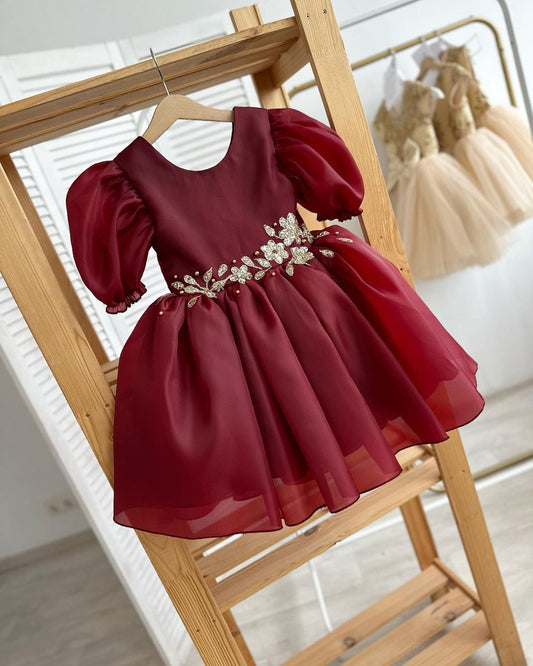 Burgundy dress with decorated belt for EU 110-116 READY to SHIP