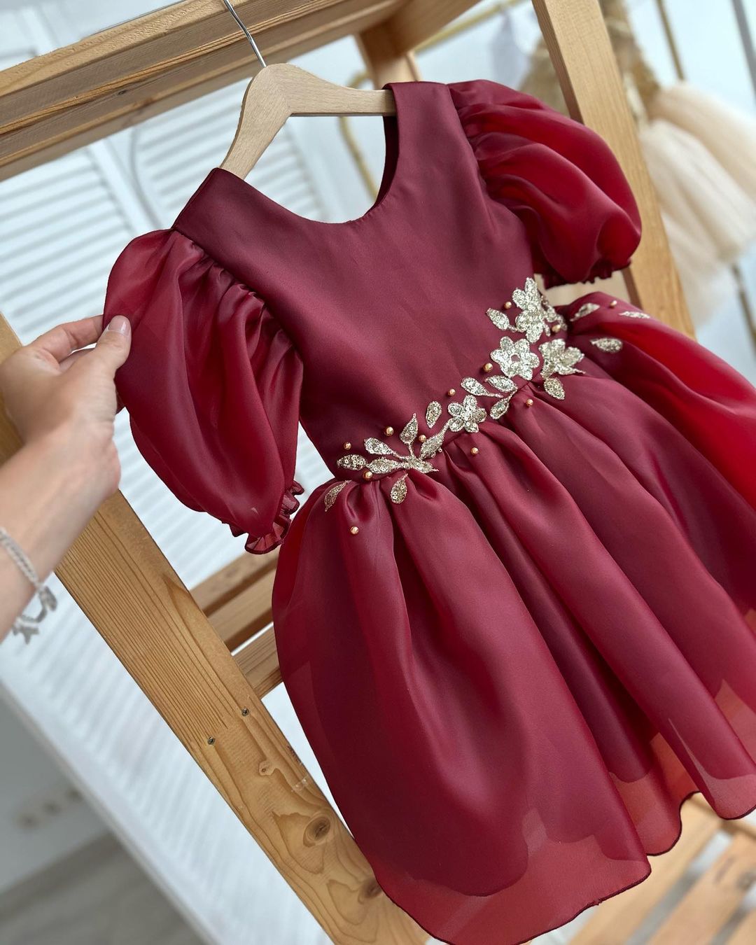 Burgundy dress with decorated belt for EU 110-116 READY to SHIP