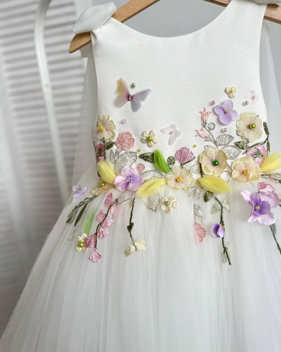 Elegant White Tulle Dress – Handmade Flower Girl Dress with Floral Embroidery