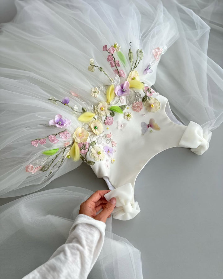 Elegant White Tulle Dress – Handmade Flower Girl Dress with Floral Embroidery