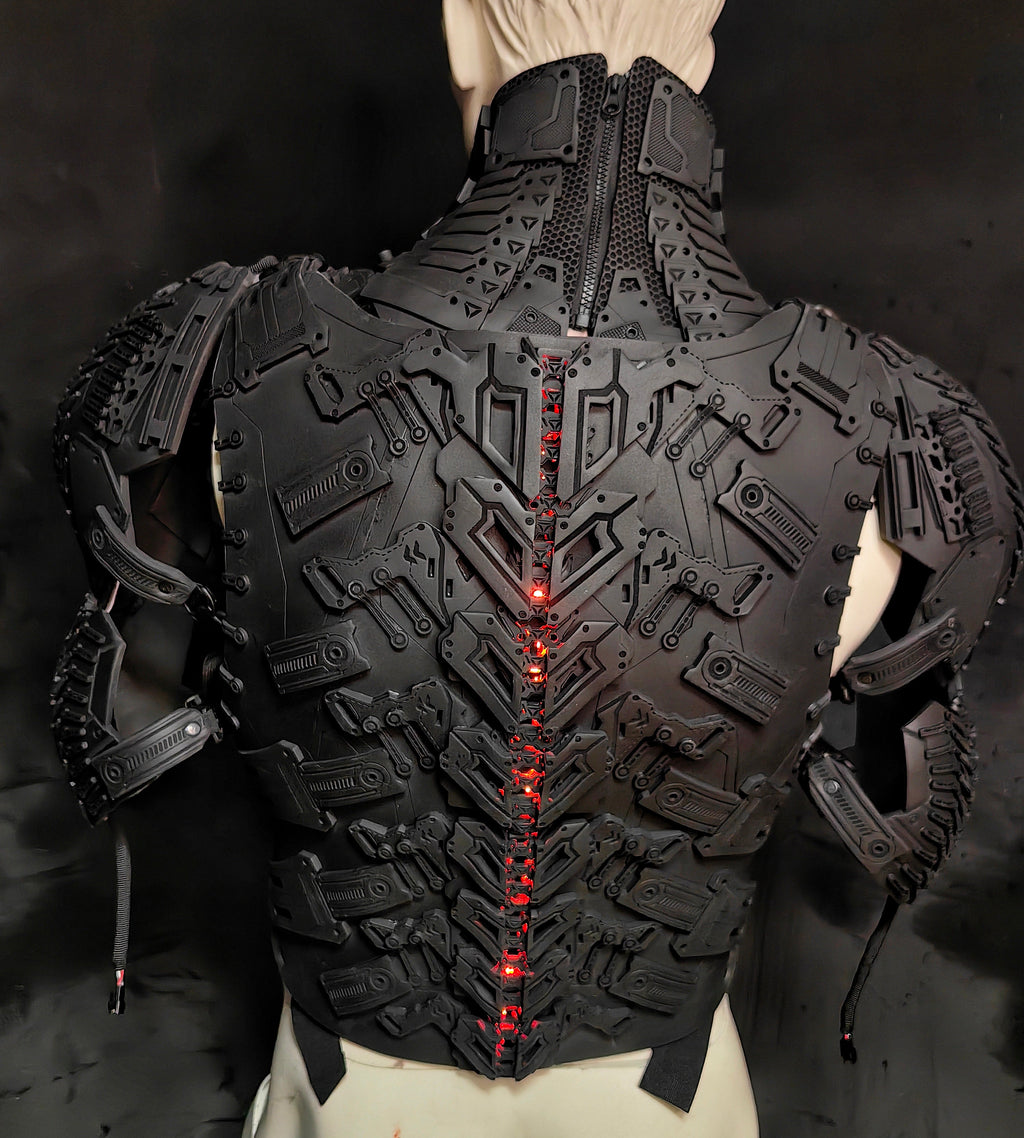 Rear view of torso armor showing adjustable straps and fasteners for a custom fit