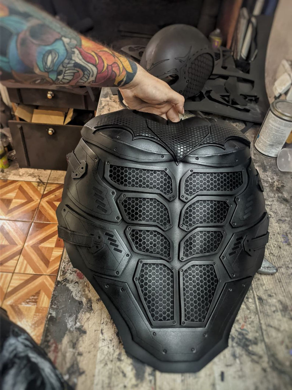 Detailed close up of Bat of Gotham chest armor