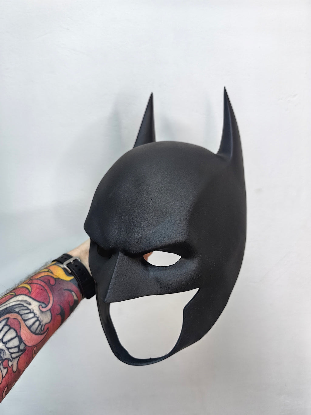 Rear view of the Batman cowl showing the anatomical neck design and sturdy construction.