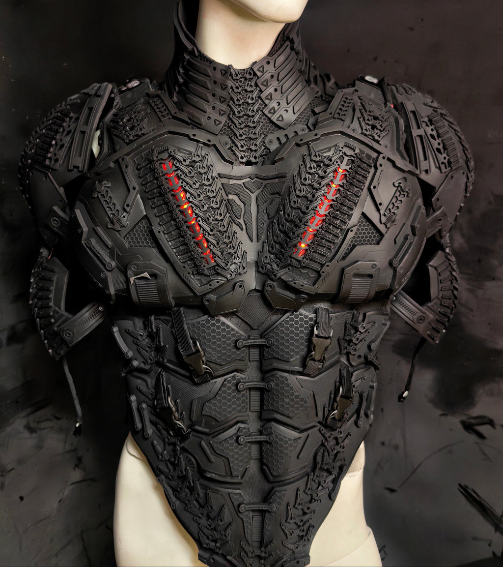 Black futuristic armor on a mannequin against a dark background