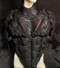 Black futuristic armor on a mannequin against a dark background