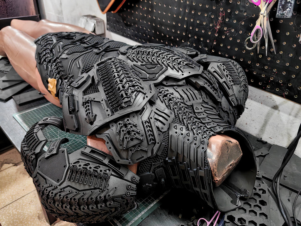 Personalized chest armor featuring a custom symbol and integrated smart lighting