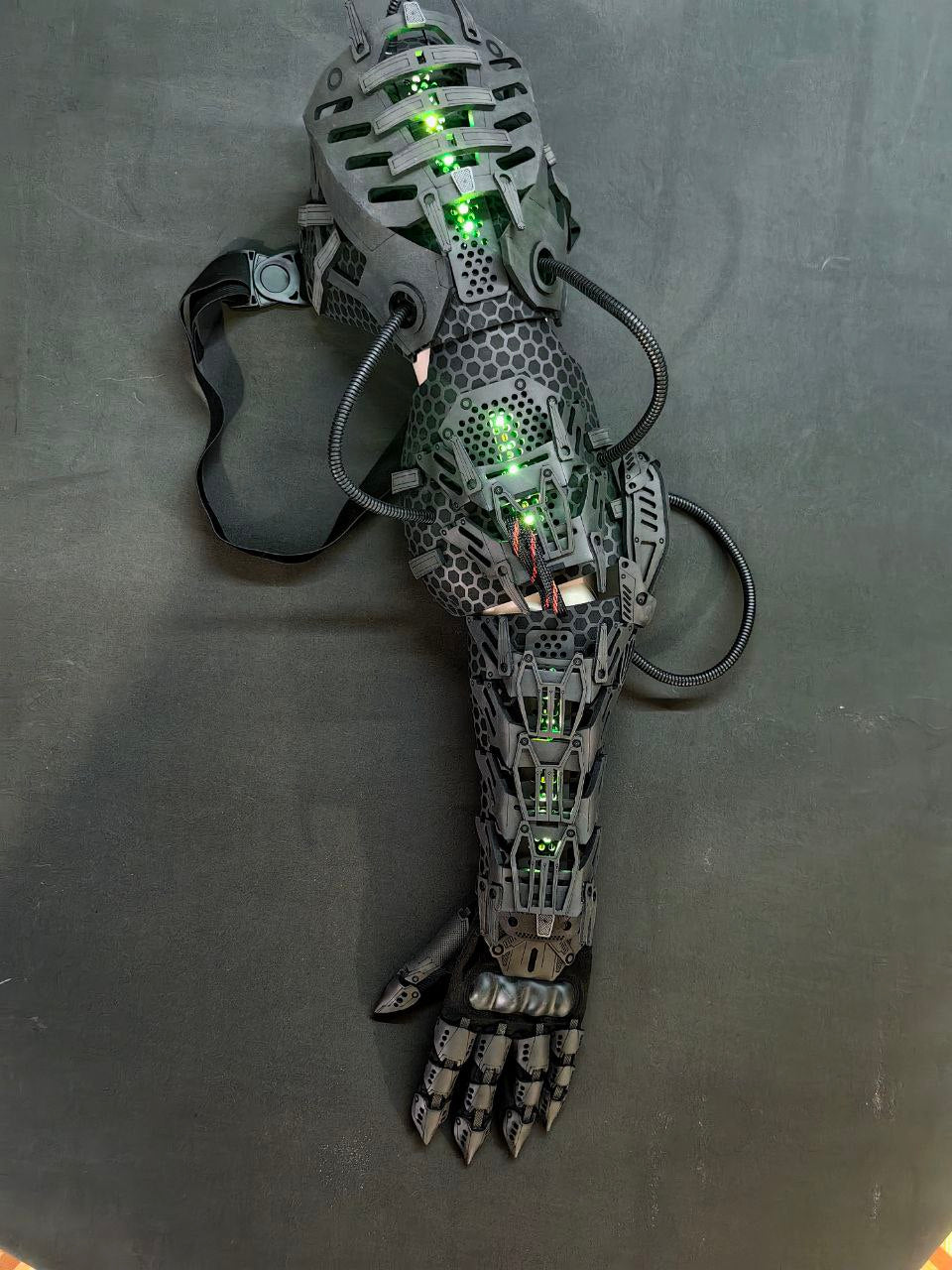 Close-up details of cyberpunk arm armor for cosplay