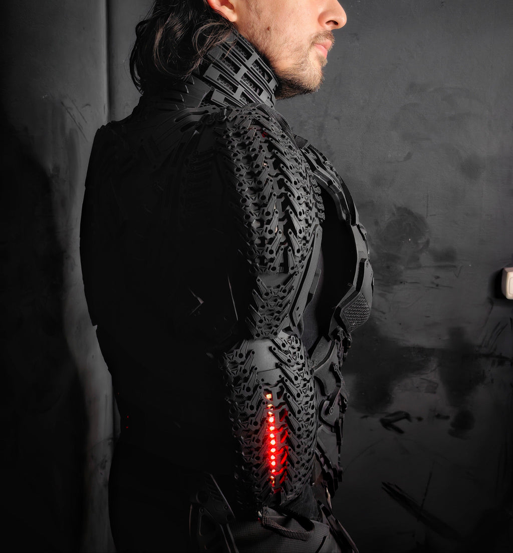 Cyberpunk style chest armor with vibrant red LED accents for cosplay and festivals