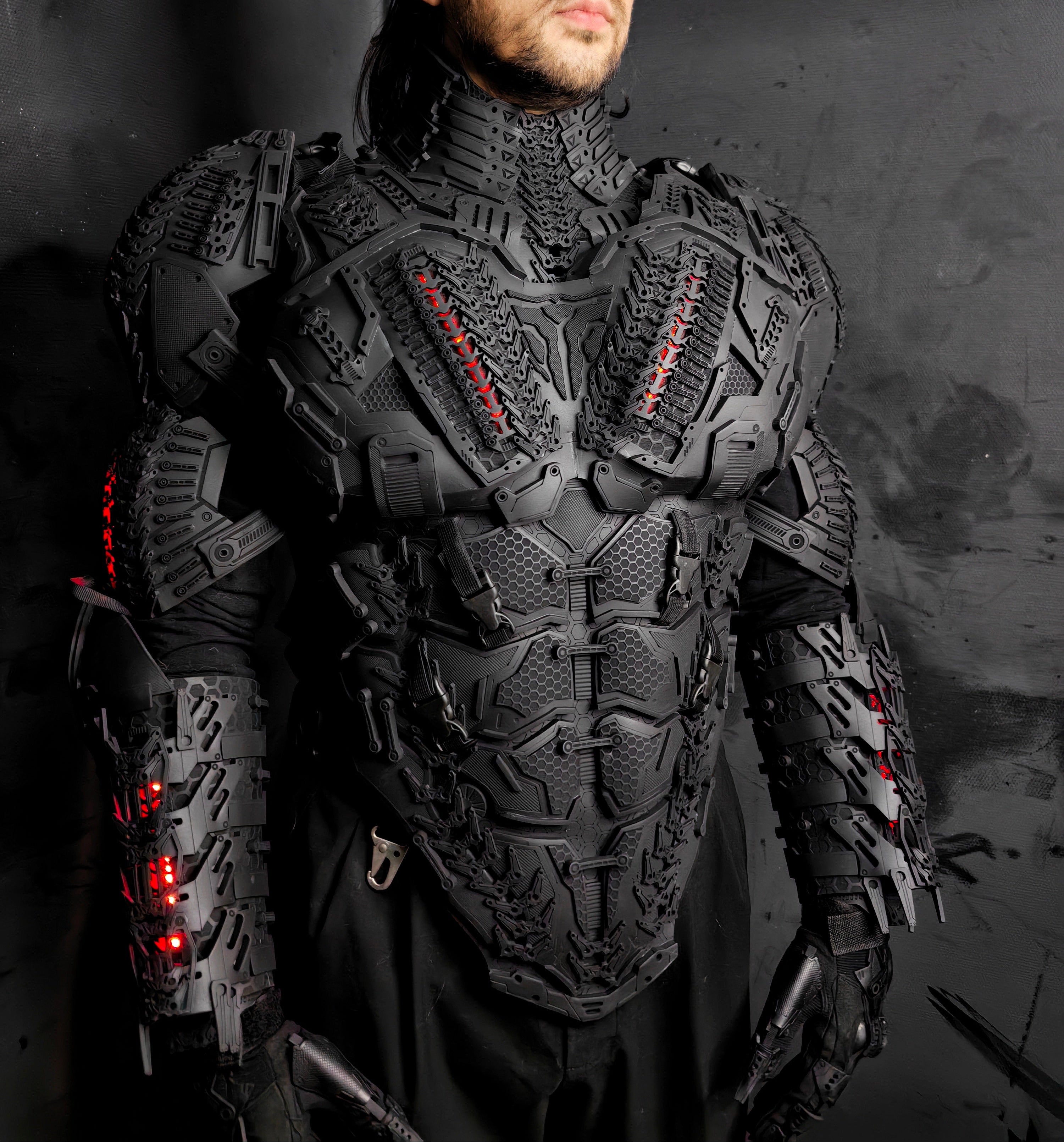 Flexible EVA foam chest armor designed for unrestricted movement during stage performances.