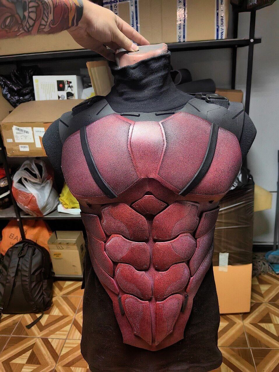 Detailed close-up of Gambit inspired chest armor cosplay costume