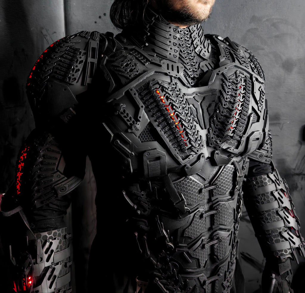 Decorative motorcycle chest armor with high-visibility LED lighting for night riding.