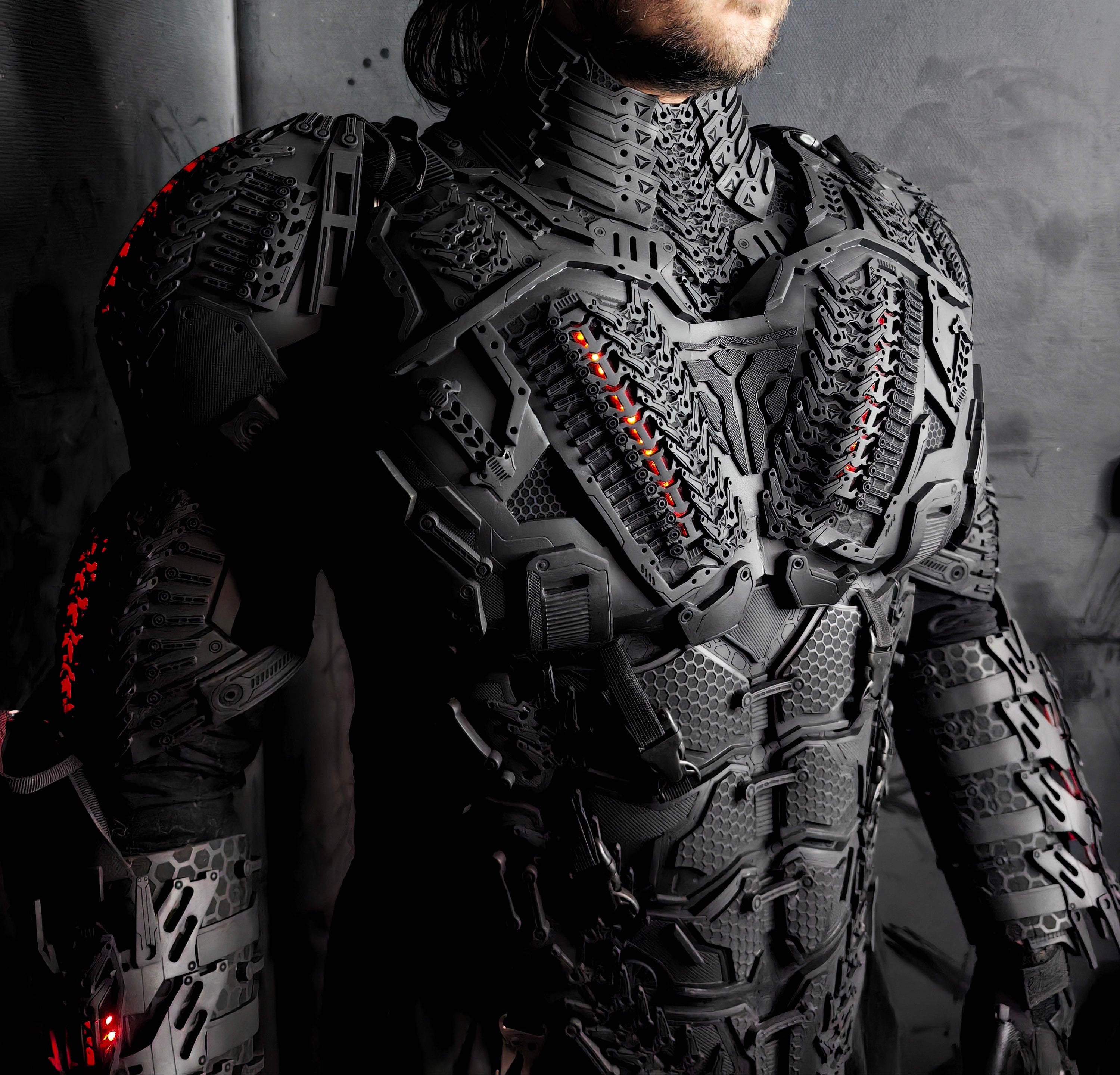 Decorative motorcycle chest armor with high-visibility LED lighting for night riding.