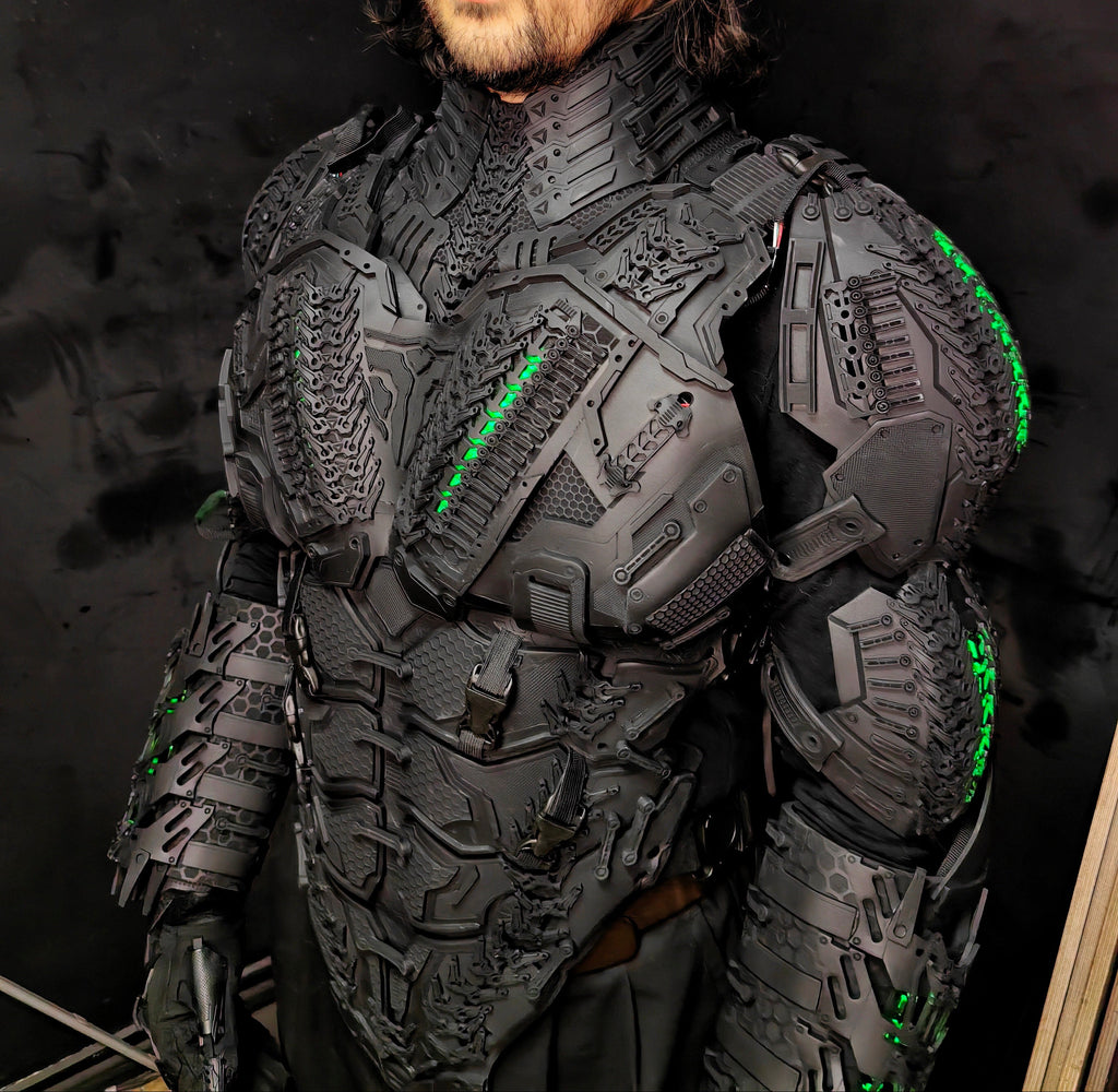 Detail shot of lightweight foam shoulder pads attached to a custom torso armor set