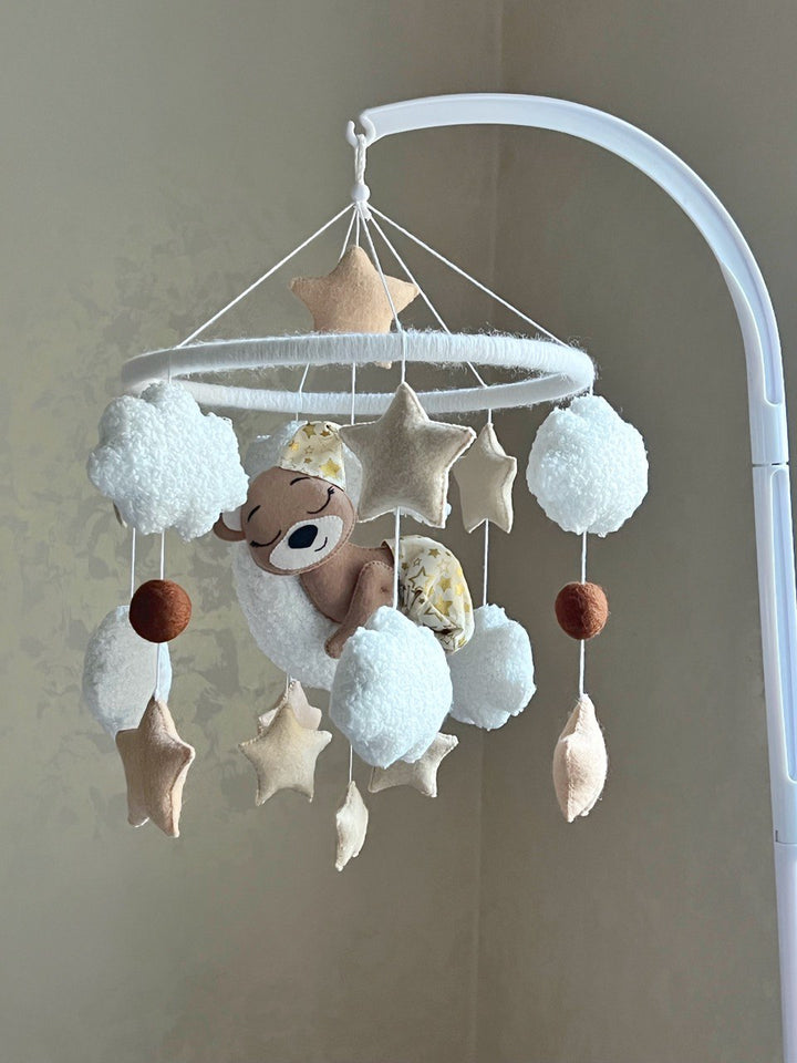 Bear baby mobile, Baby mobile bear on the moon. Baby mobile with sleeping bear, Baby shower gift