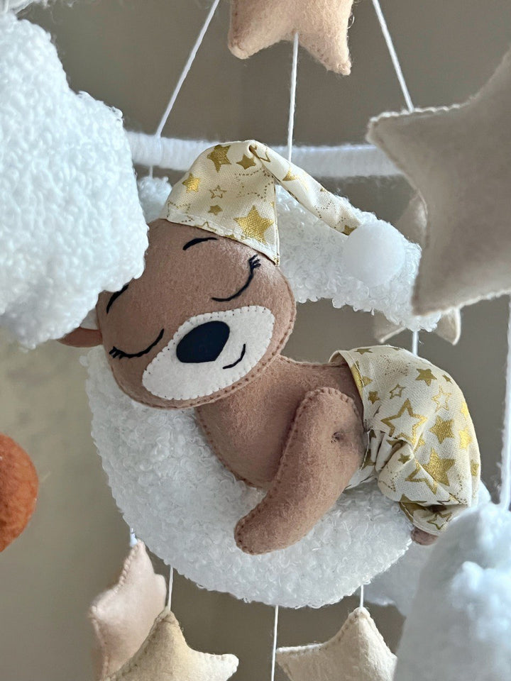 Bear baby mobile, Baby mobile bear on the moon. Baby mobile with sleeping bear, Baby shower gift