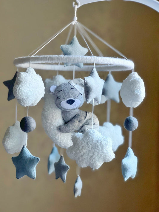 Bear baby mobile, Baby mobile bear on the moon. Baby mobile with sleeping bear, Baby shower gift