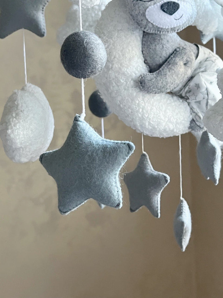 Bear baby mobile, Baby mobile bear on the moon. Baby mobile with sleeping bear, Baby shower gift