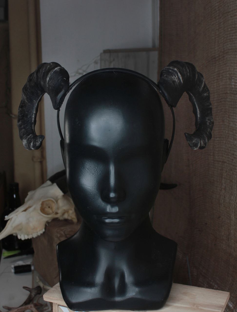 Round realistic demon ram horns on the headband