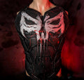 Black tactical chest armor with a white Punisher skull emblem for cosplay and fan films.