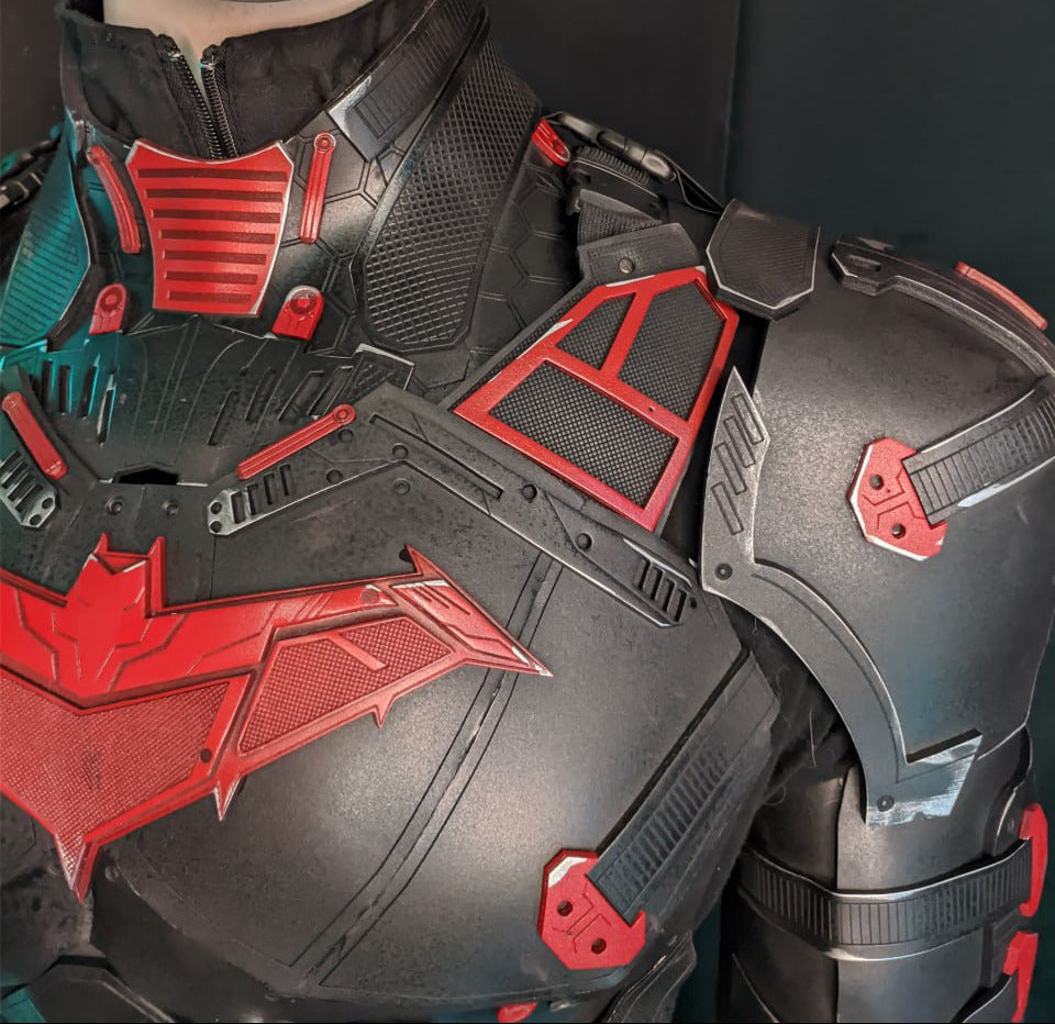 Detailed view of Red Hood cosplay armor suit