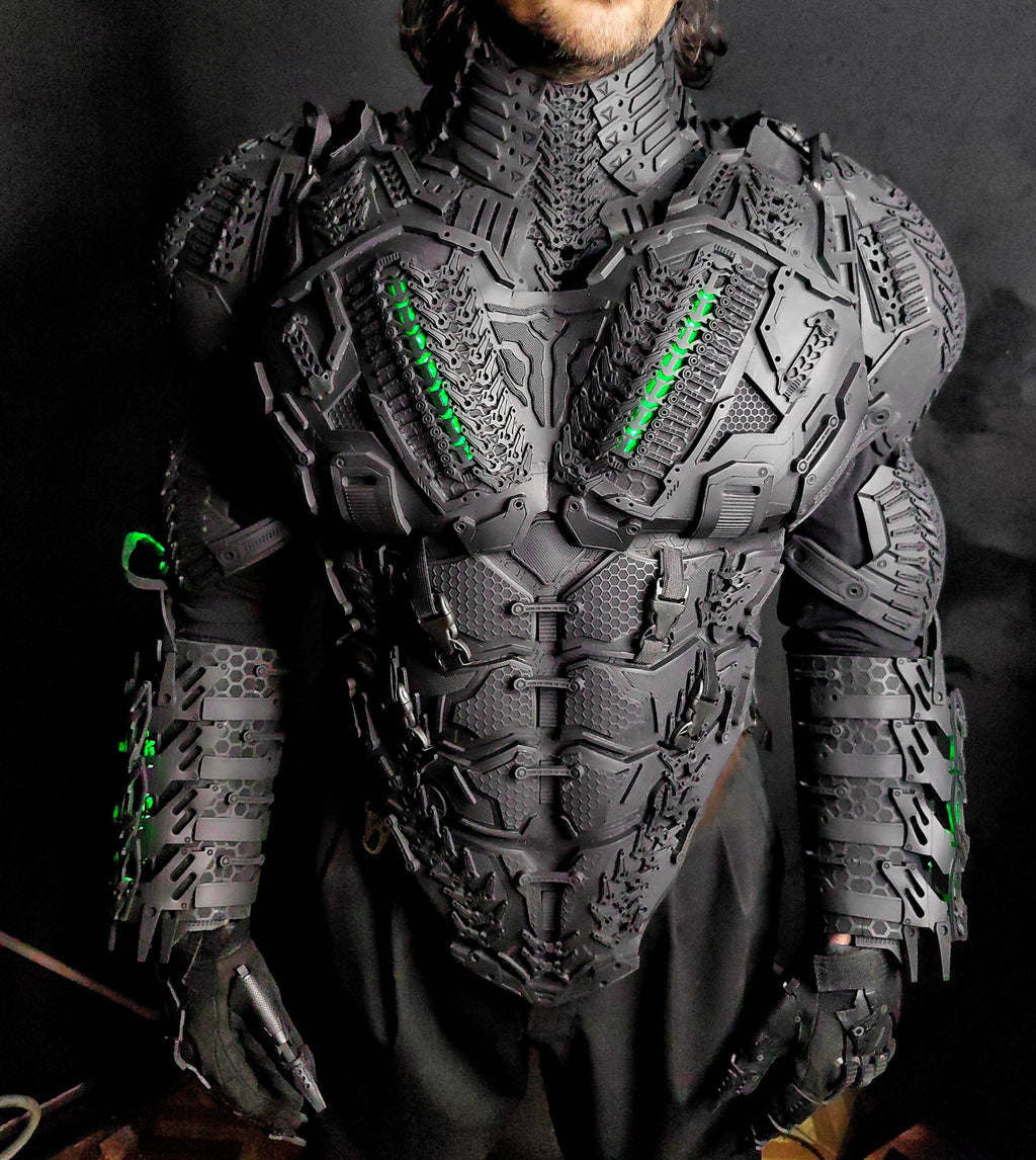 Close-up of smartphone-controlled LED lighting effects on a black foam torso piece