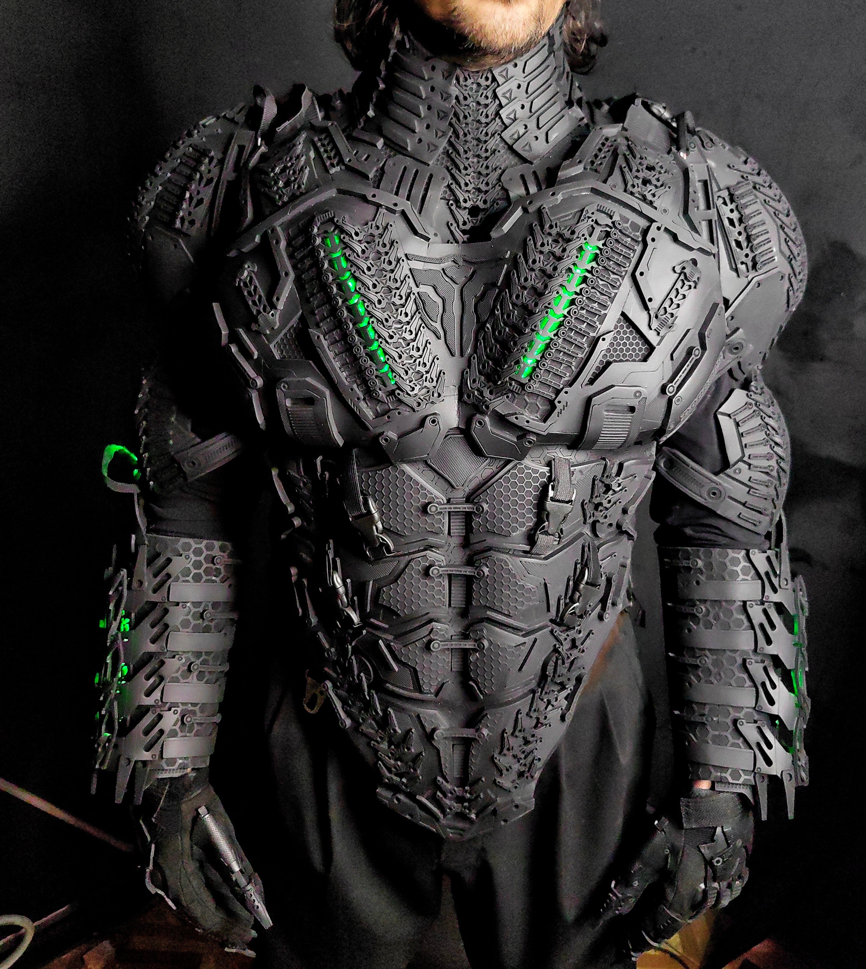 Close-up of smartphone-controlled LED lighting effects on a black foam torso piece