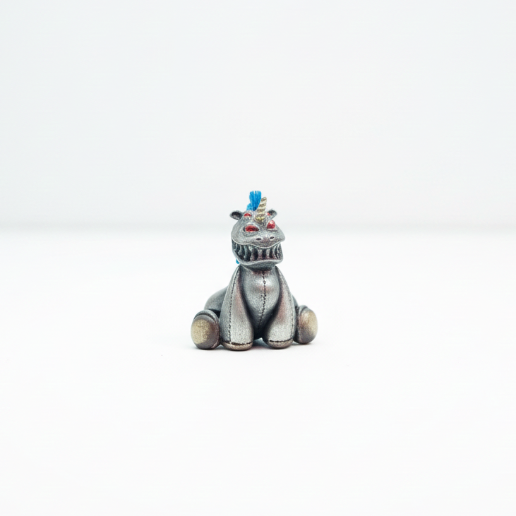 Toy figure of a character with a blue hair accessory on a white background