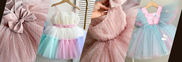 Special occasion dresses with pink and blue colors on a dark background