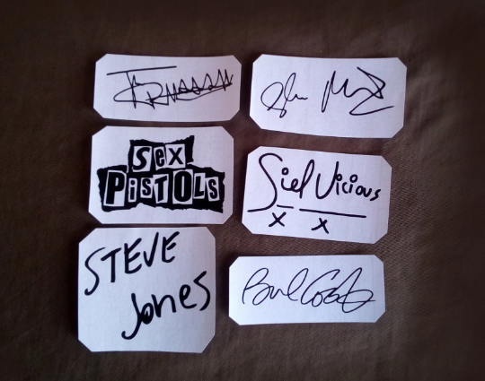 Sex Pistols autographs stickers Sid Vicious, Steve Jones, John Lydon, Glen Matlock