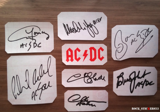 AC/DC stickers autographs vinyl Angus & Malcolm Young,Chris Slade,Brian Johnson