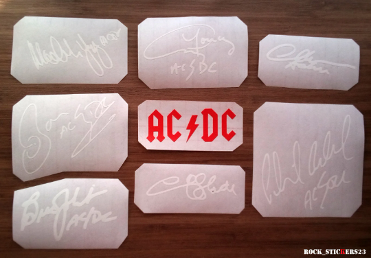 AC/DC stickers autographs vinyl Angus & Malcolm Young,Chris Slade,Brian Johnson