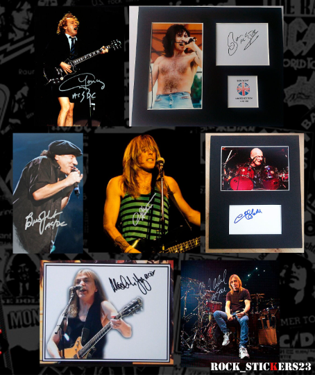 AC/DC stickers autographs vinyl Angus & Malcolm Young,Chris Slade,Brian Johnson