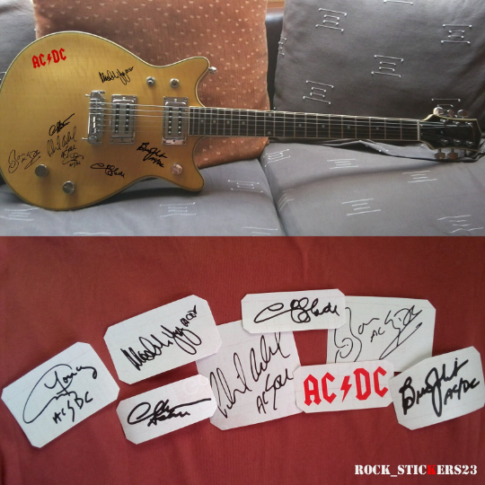 AC/DC stickers autographs vinyl Angus & Malcolm Young,Chris Slade,Brian Johnson