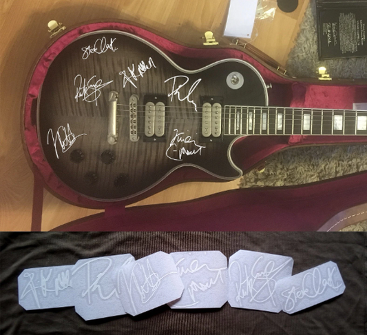 Def Leppard stickers autographs vinyl Joe Elliot, Rick Savage, Rick Allen, etc