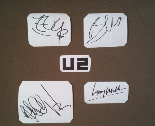 U2 autographs stickers vinyl Bono, The Edge, Adam Clayton,Larry Mullen Jr. Set 5 | Kenesberem