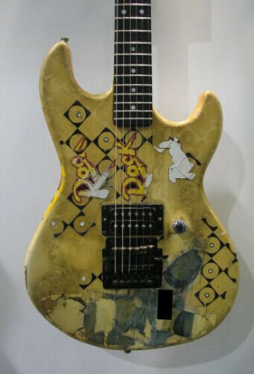 Blue Dress guitar sticker applied on electric guitar body