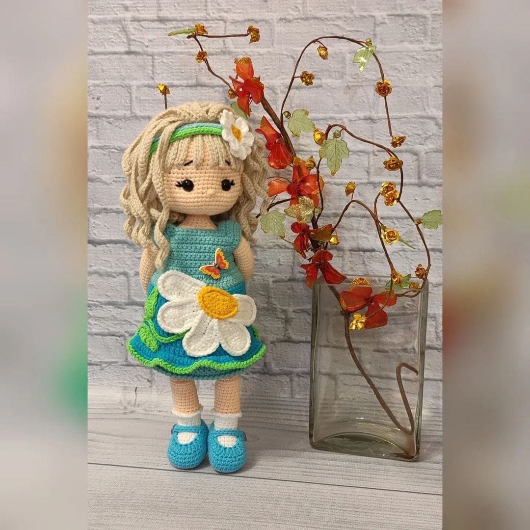 Custom doll handmade with clothes, dress with chamomile