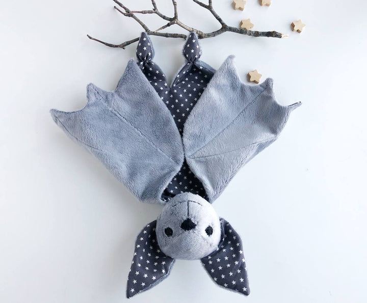 personalized baby lovey blanket, gray bat plush, cute bat lovey, moon and stars nursery decor