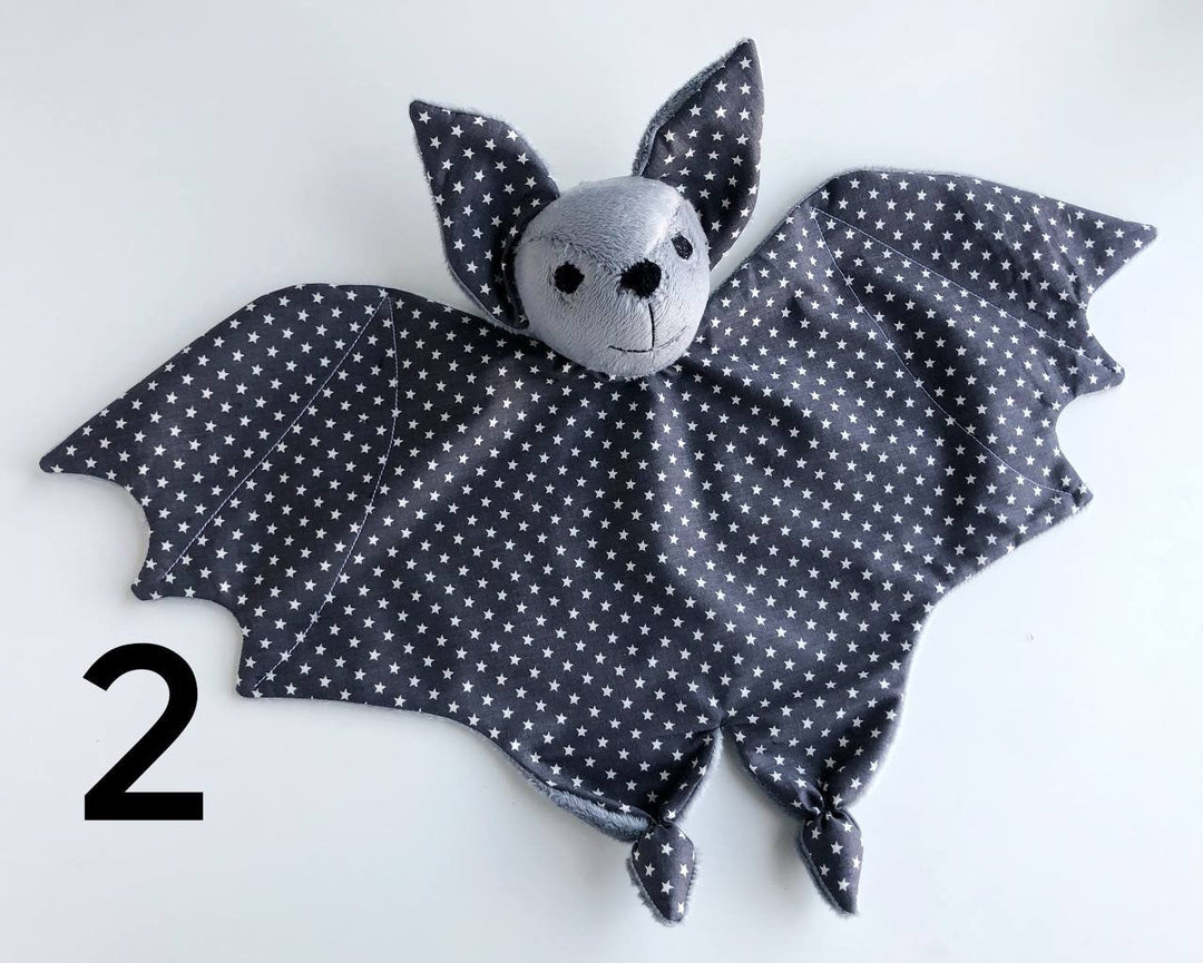 personalized baby lovey blanket, gray bat plush, cute bat lovey, moon and stars nursery decor