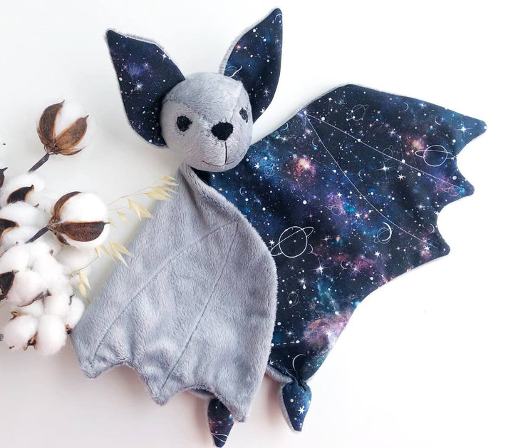 personalized baby lovey blanket, gray bat plush, cute bat lovey, moon and stars nursery decor