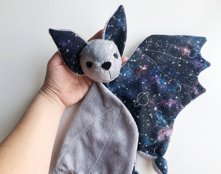 personalized baby lovey blanket, gray bat plush, cute bat lovey, moon and stars nursery decor