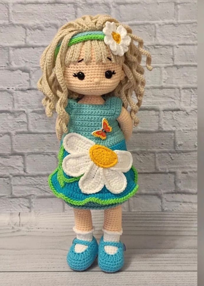 Custom doll handmade with clothes, dress with chamomile