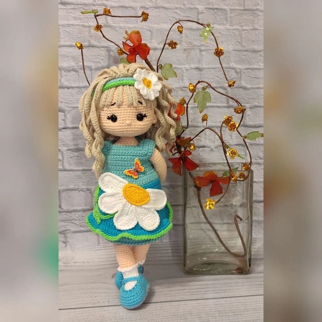 Custom doll handmade with clothes, dress with chamomile