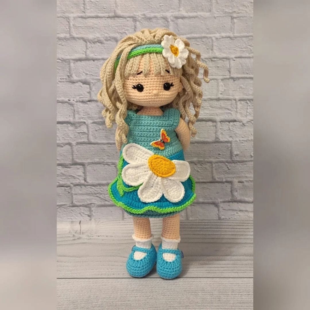 Custom doll handmade with clothes, dress with chamomile