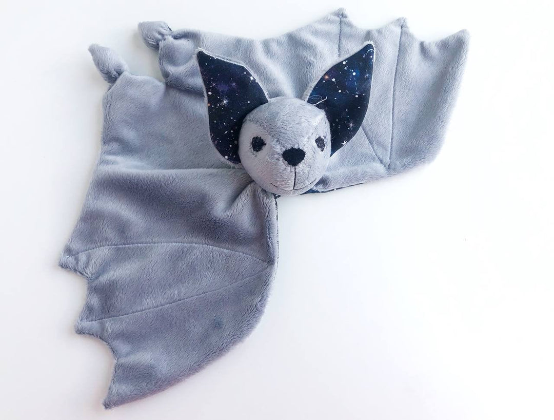 personalized baby lovey blanket, gray bat plush, cute bat lovey, moon and stars nursery decor