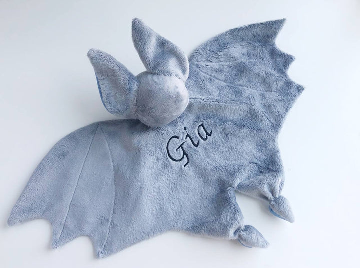 personalized baby lovey blanket, gray bat plush, cute bat lovey, moon and stars nursery decor