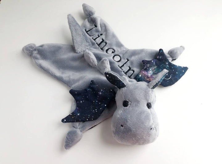 Personalized grey dragon lovey blanket, stuff grey dragon plush, dragon baby shower gift, baby lovey