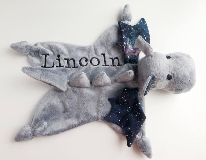 Personalized grey dragon lovey blanket, stuff grey dragon plush, dragon baby shower gift, baby lovey