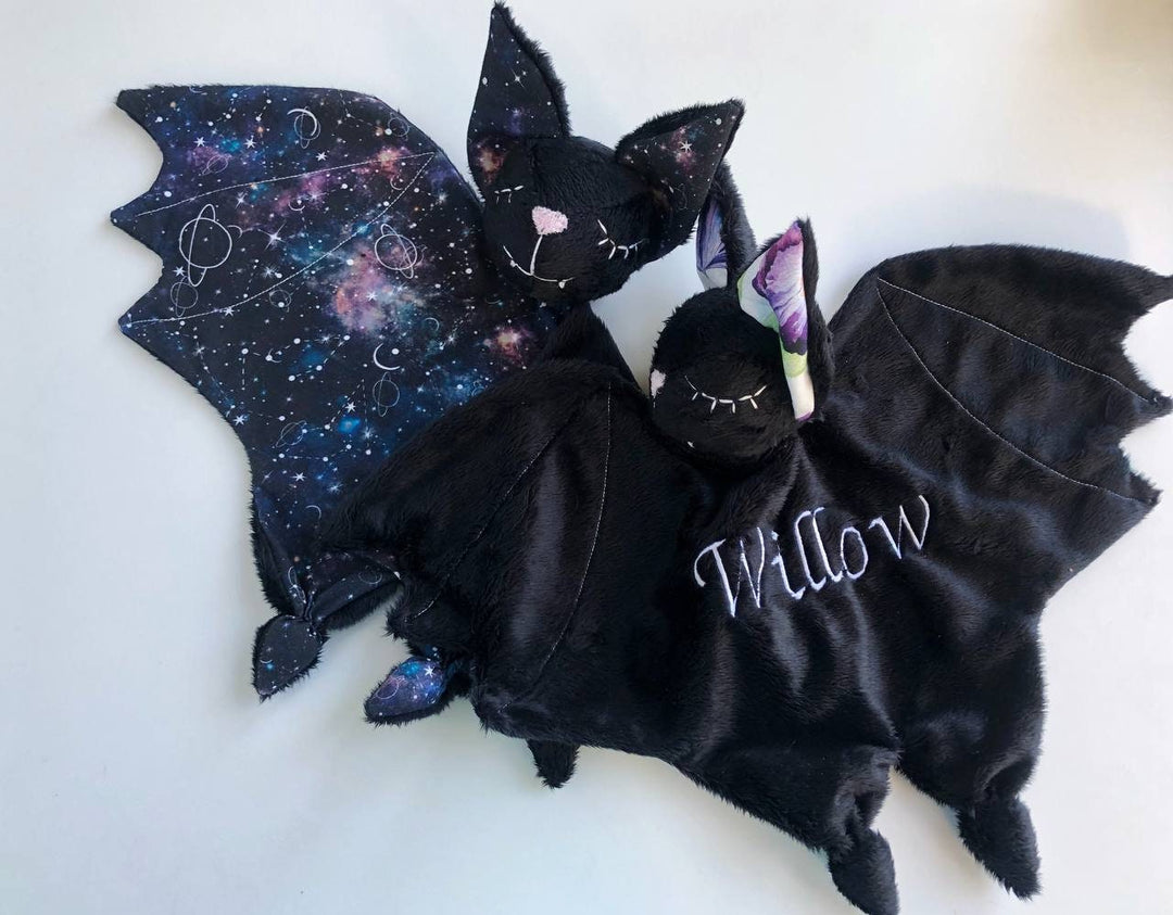 Halloween bat plush, Halloween baby shower gift, black bat lovey with spider, Halloween nursery decor, baby lovey blanket