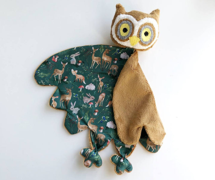 owl lovey blanket, baby lovey, stuff owl plush, woodland nursery decor, owl baby comforter, owl doudou, new baby gift